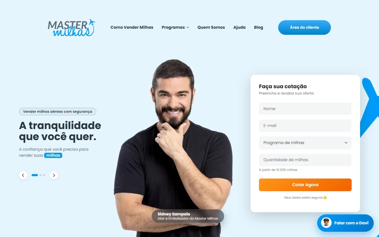 Página inicial da Master Milhas com o embaixador da marca e o formulário Faça sua cotação