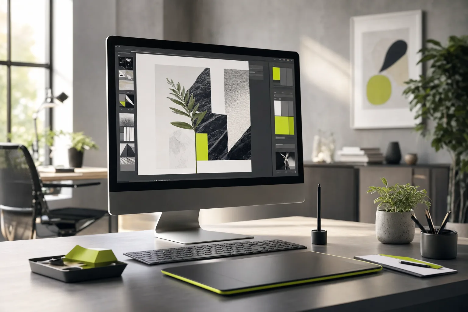 Estúdio criativo de marketing com monitor de edição de imagem e amostras de cor