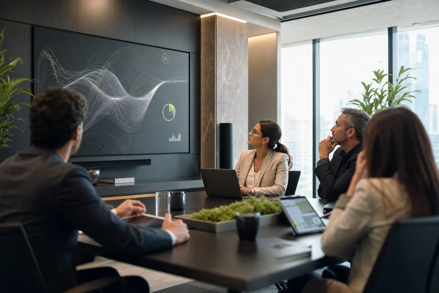 Sala de reunião corporativa moderna e clara com profissionais e uma tela mostrando painel de IA