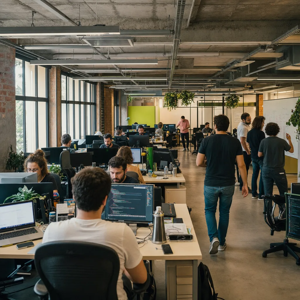 Time de especialistas da OnWeb em um estúdio de desenvolvimento